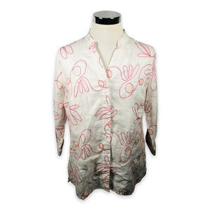 Carroll Reed‎ Button Front Shirt Womens Large White Pink Embroidered Floral